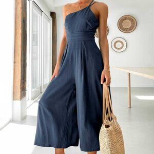 Anrabess Summer High Waist Casual Wide Leg Navy Jumpsuit With Pockets